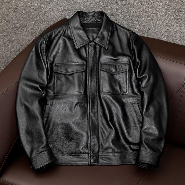 Men's Faux Leather Jacket With Cotton Lining, Relaxed Fit Double Breasted Bomber Coat For Casual Wear (Black/Brown, Thin/Thick Options)_voghion.com