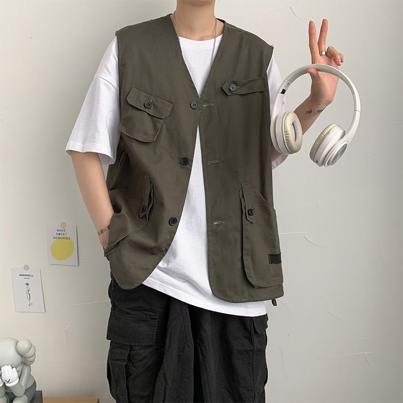 Cotton Summer New Trendy Brand Multi Pocket Workwear Jacket For Men, Loose And Versatile, Sleeveless Vest Top With_voghion.com