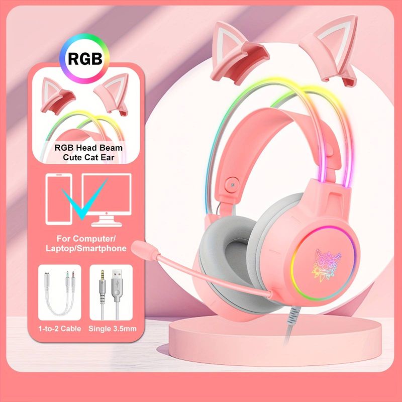 ONIKUMA X15pro, Kabelgebonnen Gaming Headset mat ofnehmbaren Kazenoueren, RGB, ofnehmbaren Mikro, kompatibel mat PC a Mobiltelefon, Iwwer-Ear liichtend Kabelgebonnen Gaming Headset_voghion.com