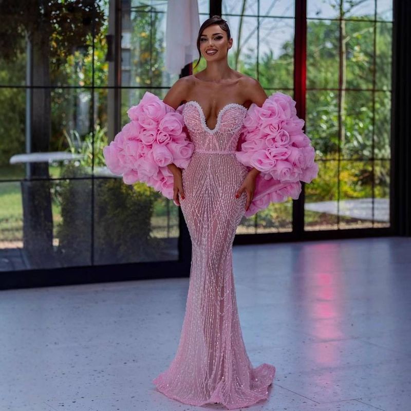 Elegant V-Neck Sequin Embellished Mermaid Evening Gown For Parties & Galas – Stretch Spandex, High Waist, Floor-Length – Pink_voghion.com