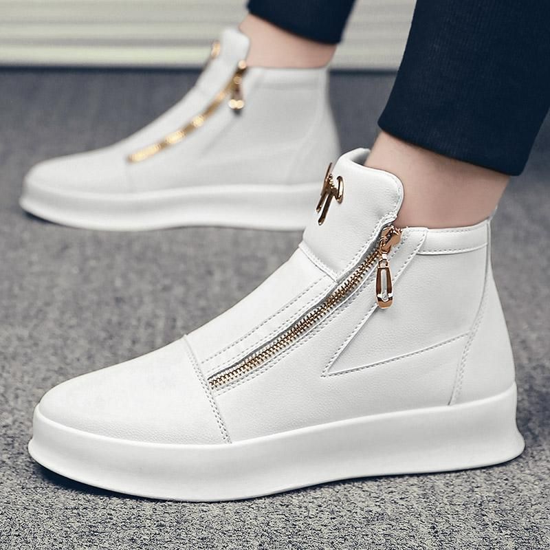 Pánské boty Trendy pánské boty letní nové kožené prodyšné vysoké boty s tlustou podrážkou bílé volnočasové boty pánské vysoké tenisky_voghion.com