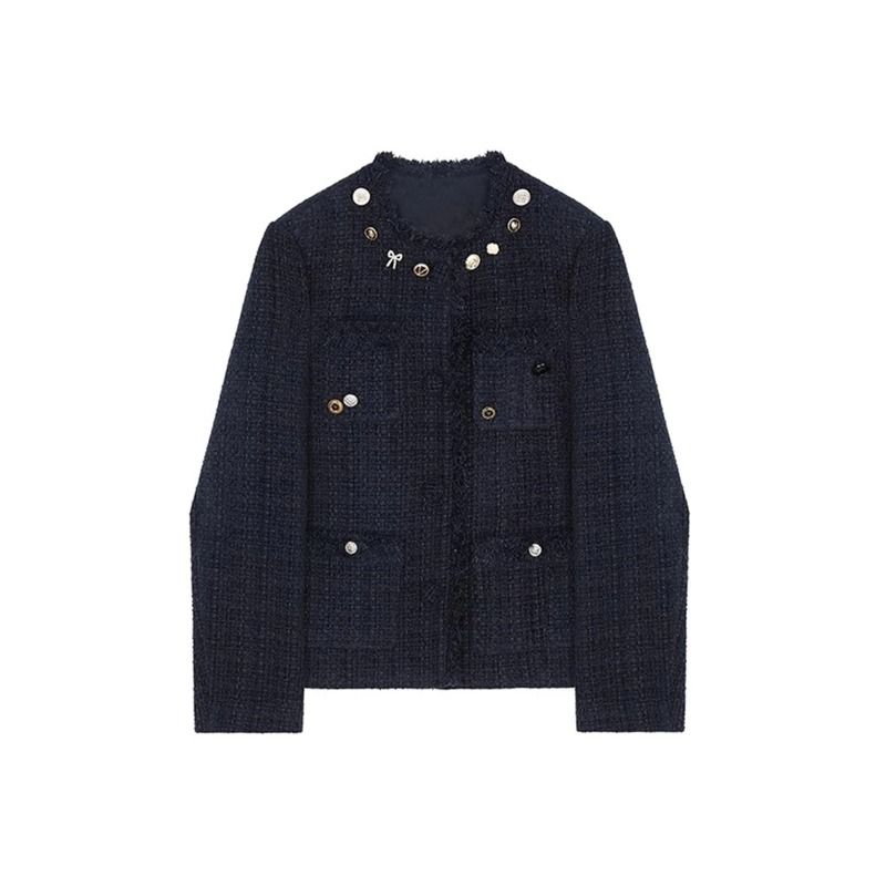 Winter Luxury Style Buttons Decorate Design Round Neck Jacket Fringe Trim for Women Casual Fashion Elegant Chic Coats_voghion.com