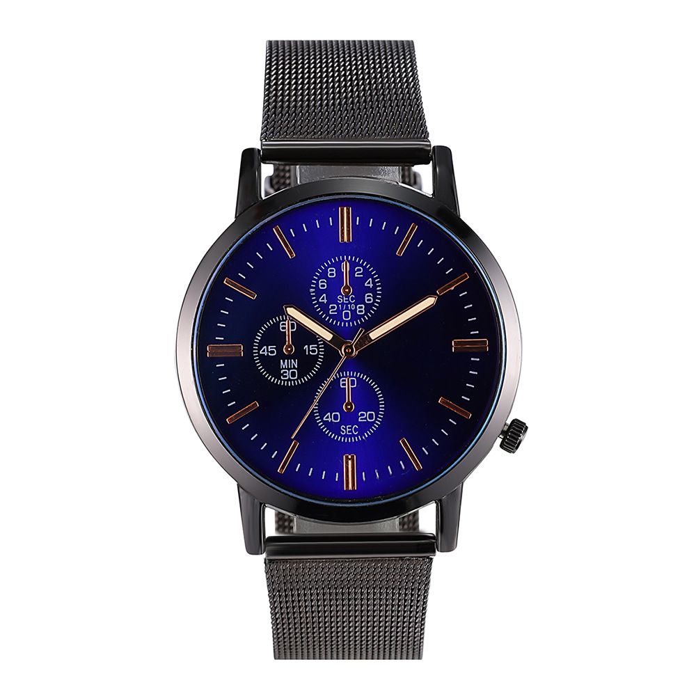 Online oblíbené dámské hodinky se třemi očky a šestipinovým síťovaným řemínkem, nové modré skleněné quartzové hodinky pro studenty i studentky, velkoobchod_voghion.com