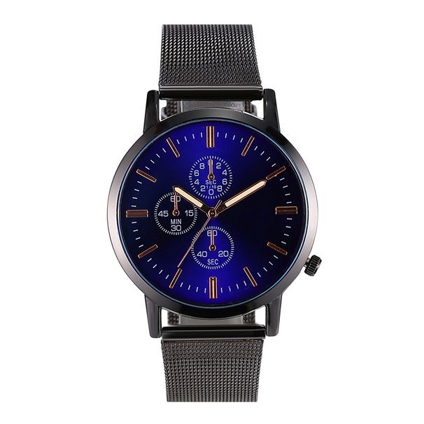 Online oblíbené dámské hodinky se třemi očky a šestipinovým síťovaným řemínkem, nové modré skleněné quartzové hodinky pro studenty i studentky, velkoobchod_voghion.com