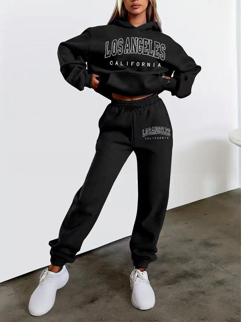 Damen Casual Fashion Bedruckter Kapuzenanzug Plus Samtpullover Langarm-Hosenanzug_voghion.com