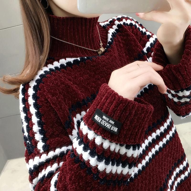 Vêtements pour femmes automne et hiver rayé vêtements d'extérieur amples pull col haut hiver rayé coupe ample chenille tricot haut décontracté élégant pull​​ ​​_voghion.com