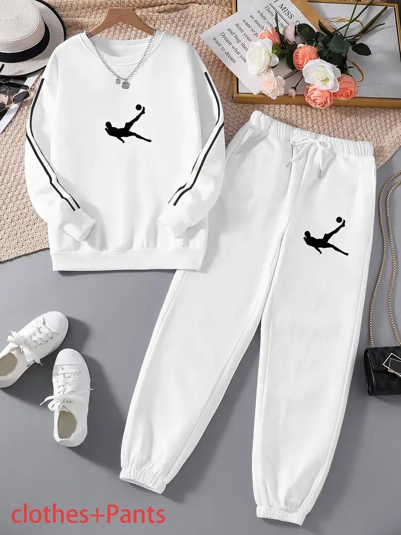 Women's Clothing Casual Hoodie And Jogger Set With Print - Loose Fit Unisex Pullover Sweatshirt & Drawstring Pants (White/Black, S-XXL)​_voghion.com