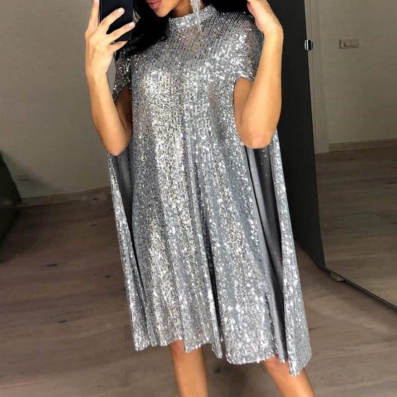Rochie de primăvară nouă wishebay pentru comerț exterior european și american, cu guler înalt și paiete, lejeră, pentru femei, 2025_voghion.com