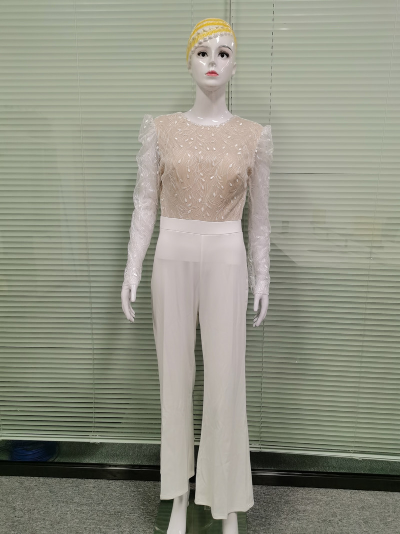  kvinners ensfarget patchwork jumpsuit, brudekjoleserie, ryggløs design langermet jumpsuit_voghion.com