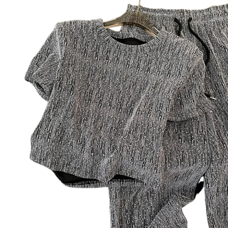 Női ruházat rövid ujjú, lezser öltöny nőknek nyáron, karcsúsító és divatos, széles szárú nadrág, kétrészes öltöny_voghion.com