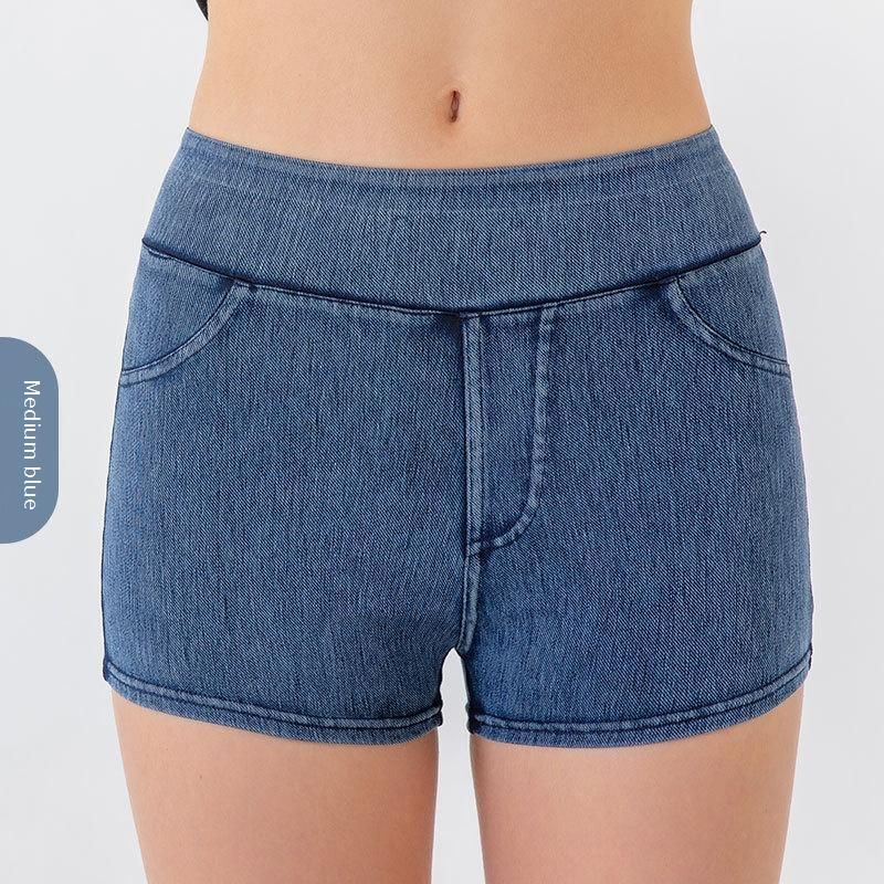 Dameskleding Hoge taille Heuplift Yoga Denim Shorts voor dames Hoge elastische afslankende buik Sportkleding Fitness driekwart broek_voghion.com