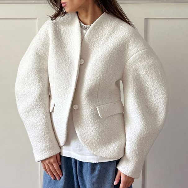 Verdickter Wollmantel für Frauen 2025 Herbst Winter Neues Design V-Ausschnitt Einfarbiges Oberteil im kleinen Stil_voghion.com