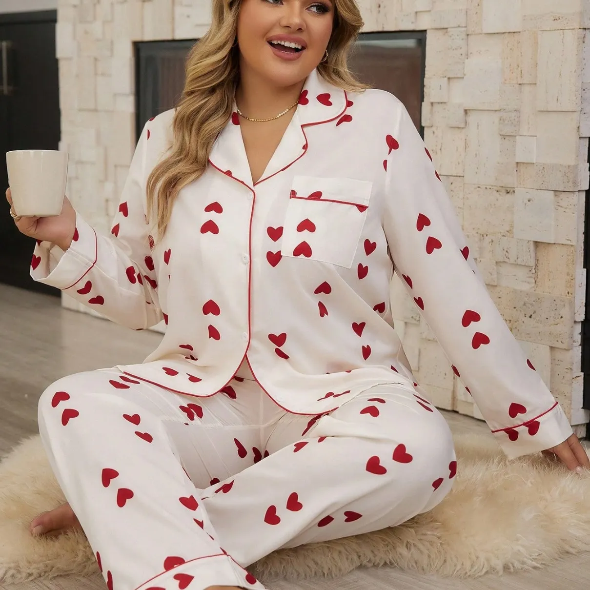 Large pajamas, new waffle style cardigan, long sleeved pants, heart-shaped sweet home suit set, can be worn outside_voghion.com