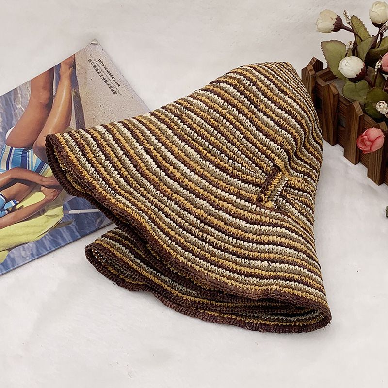 Outdoor summer sun shade straw hat Japan and South Korea popular fashion stripes random folding straw hat_voghion.com