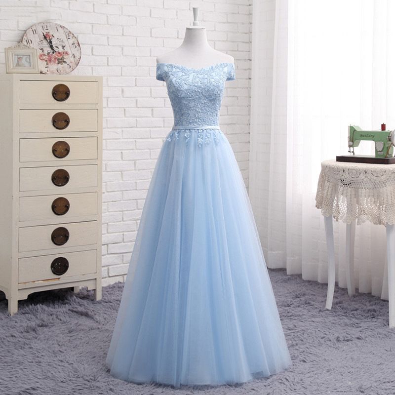 Damenbekleidung Lange Spitze Einfaches blaues Brautjungfernkleid 2024 Neues Frühjahr schulterfreies Abschlusskleid_voghion.com