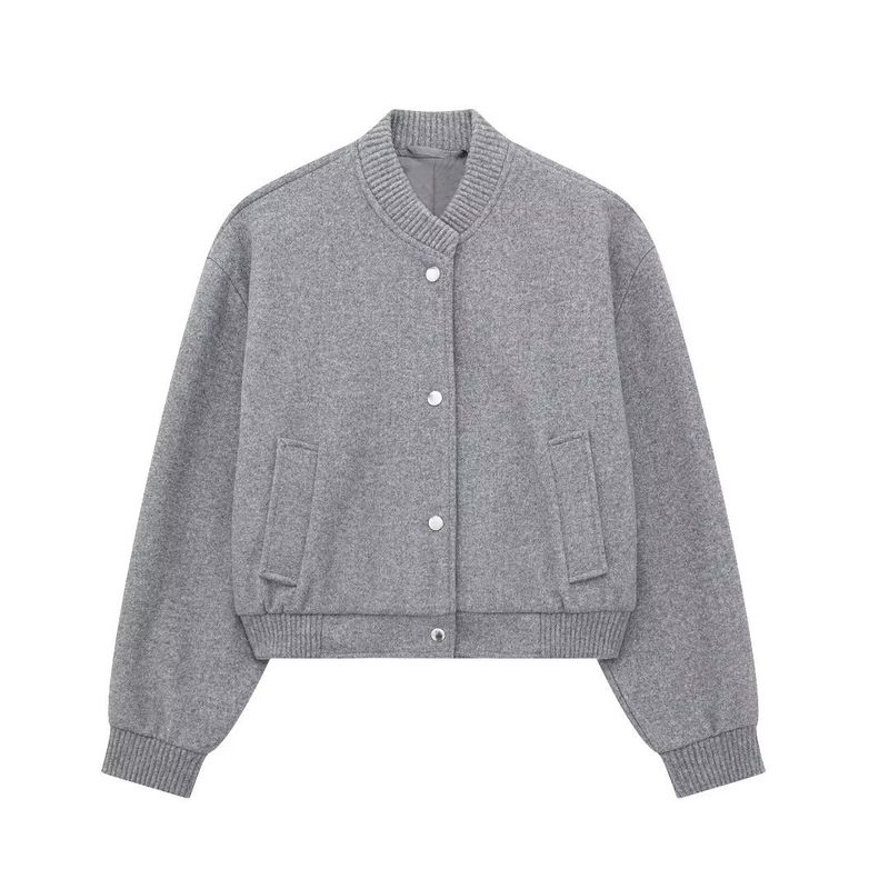 Giubbotto bomber oversize morbido ed elegante da donna - Cappotto leggero autunno/inverno con collo alto e bottoni (grigio, beige, nero)_voghion.com