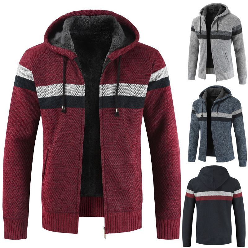 Men's New Plush and Thick Hooded Cardigan with Color Blocking Sweater and Youth Jacket_voghion.com