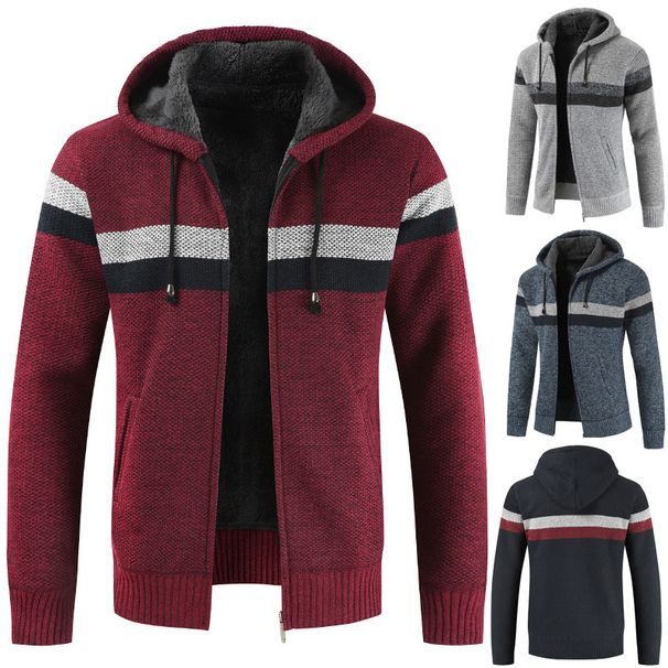 Men's New Plush and Thick Hooded Cardigan with Color Blocking Sweater and Youth Jacket_voghion.com