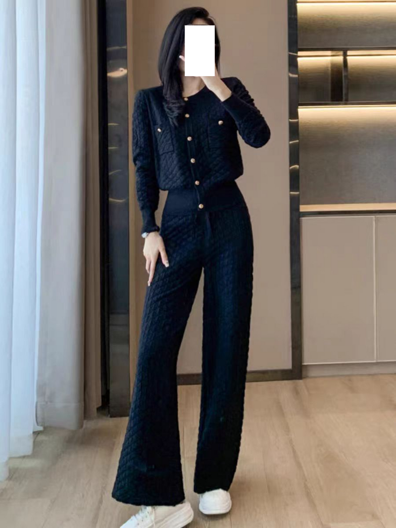 Women's Clothing autumn fashion 1 sense knitted wide leg pants suit temperament 1 slim feminine two piece suit_voghion.com