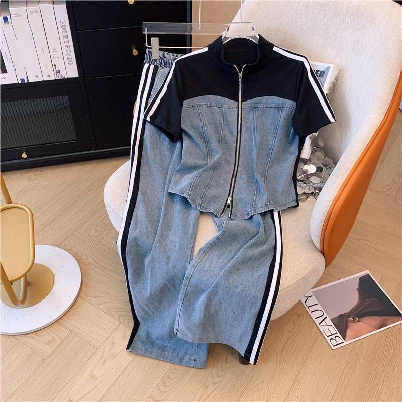 Women's Summer New Fashion Fashionable Fat Women's Suit Short-sleeved Denim Suit Plus Size Women's Casual Age-reducing Two-piece Suit Trend_voghion.com