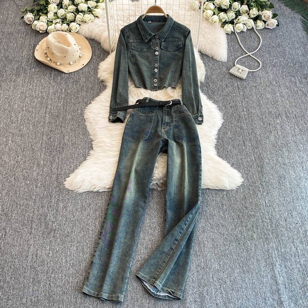 Damenbekleidung Retro Hottie Denim Tops Herbst und Winter Neue hohe Taille Slim All Match Casual Schlaghose Zweiteiliges Set_voghion.com