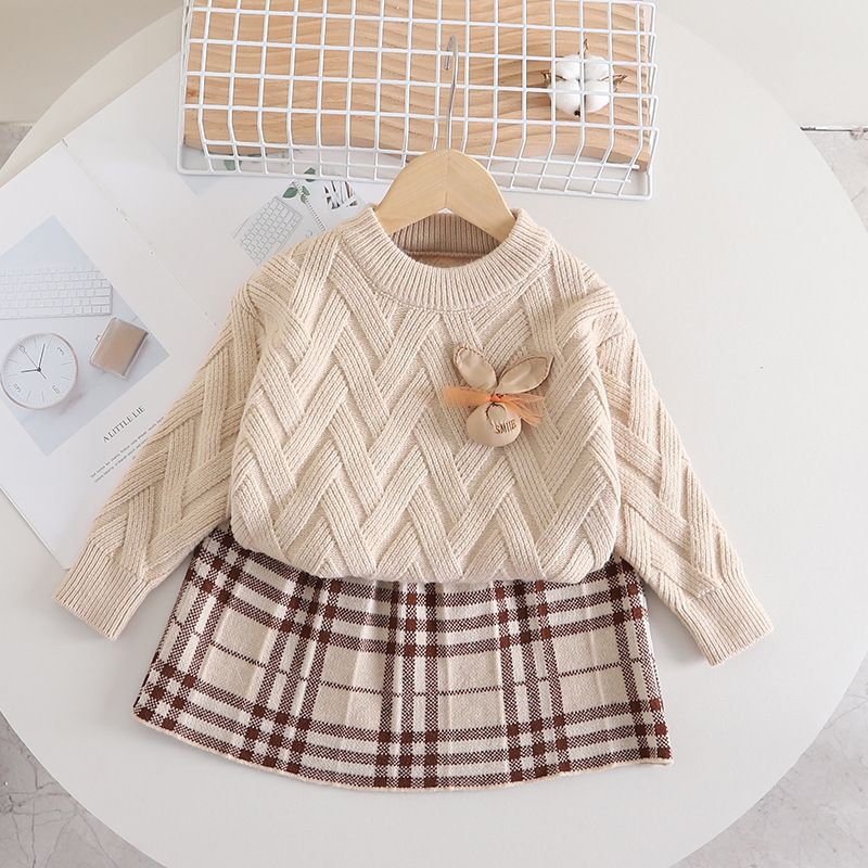 Vestido de suéter para niñas otoño invierno, nuevo conjunto de dos piezas de punto con cabeza de conejo pequeño de color sólido para niñas bebés con largo_voghion.com