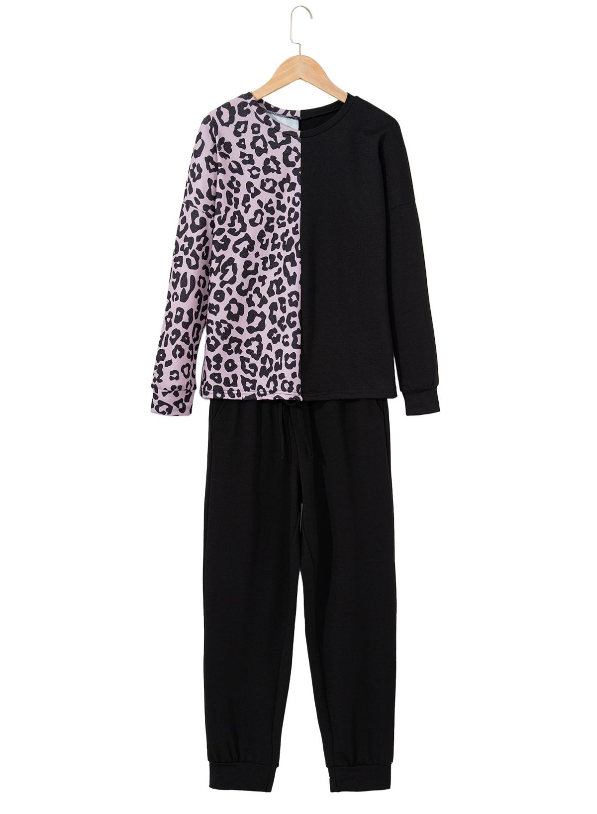 Shiying jaunais piedurkņu komplekts rudens un ziemas apģērbam ar apaļu kakla izgriezumu, leoparda raksta kontrastējošas garās bikses pidžamā._voghion.com