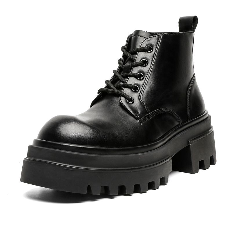 Black Tooling Big Head Lace-Up Thick Sole Height-Up Martin Boots_voghion.com