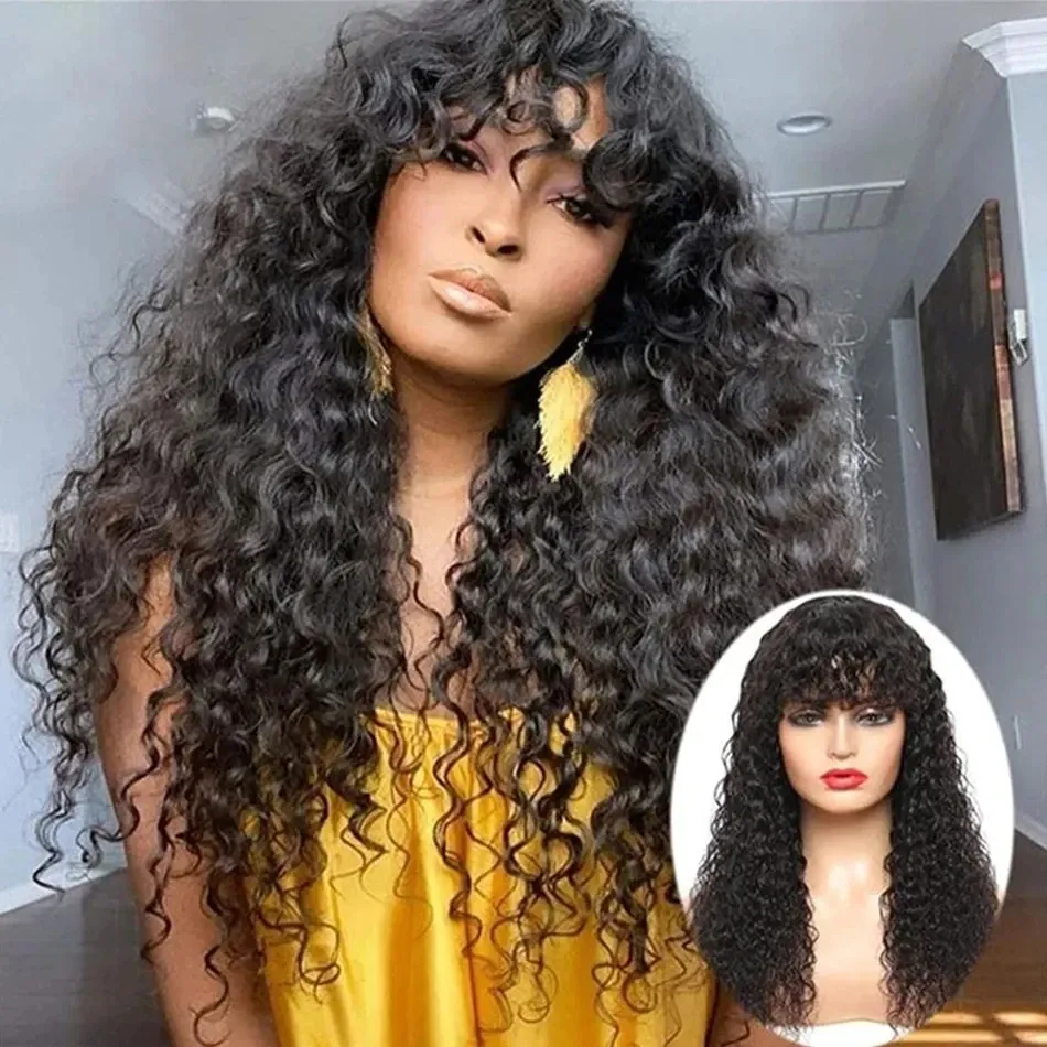 Water Wave Wig With Bangs Human Hair 100% Curly 180 Density Brazilian Machine Made Wigs_voghion.com