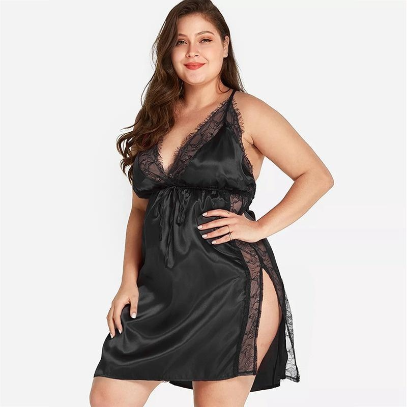 Abito intimo pigiama in pizzo scollato senza maniche con scollo a V profondo da donna taglie forti_voghion.com