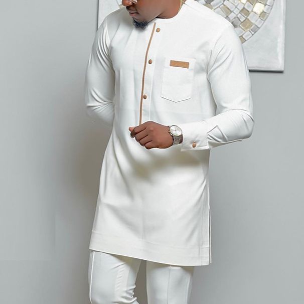 Herrenbekleidung Ethnischer Stil, reine Farbanpassung, schlichtes, lässiges Herrenhemd_voghion.com