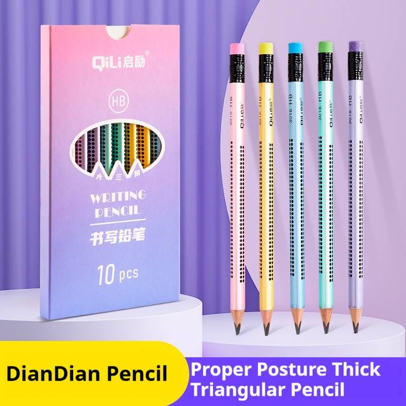 Qili Kids Pencils - Triangular Grip Pencils With Dots For Handwriting Practice, Anti-Slip Design, 10 Pack, HB Graphite, Wooden Body_voghion.com