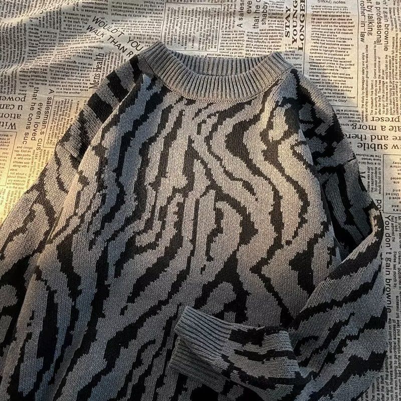 Maglione unisex a righe zebrate in maglia larga - Pullover retrò da coppia, comodo e oversize, abbigliamento casual invernale (taglia unica)_voghion.com