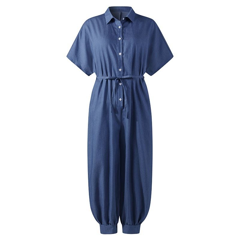 Women's Cross-border 2023 spring new  solid color plus size casual short sleeve denim jumpsuit_voghion.com