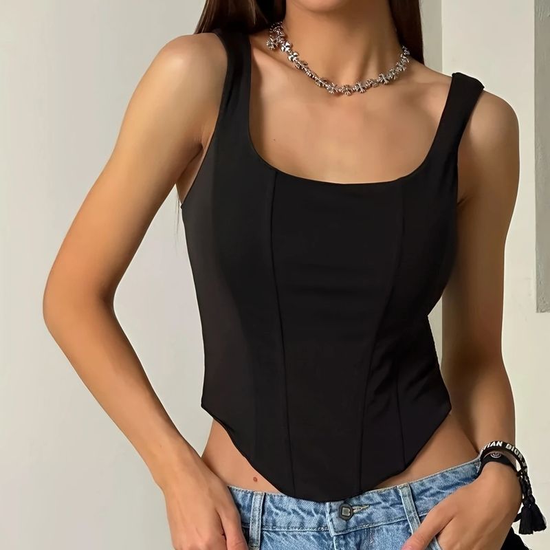 European And American Cross Border Foreign Trade New Solid Color Sexy Hot Girl Fishbone Bra Square Collar Backless Vest Top Female_voghion.com