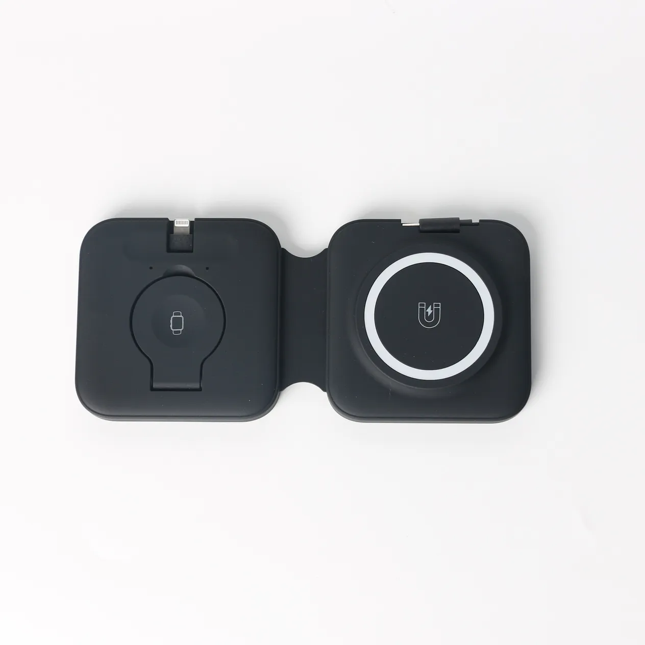 15 W trīs vienā bezvadu lādētājs, pārnēsājams, salokāms ar izvelkamu kabeli Apple magnētiskajam bezvadu lādētājam_voghion.com