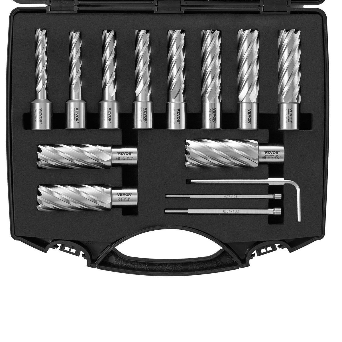 VEVOR Annular Cutter Set, 13 Pcs Weldon Shank Mag Drill Bits, 7/16" To 1-1/16" Cutting Diameter, 2" Cutting Depth, M2AL HSS, With 2 Pilot Pins, Hex Wrench And Portable Case, For Using With Magnetic Dr_voghion.com