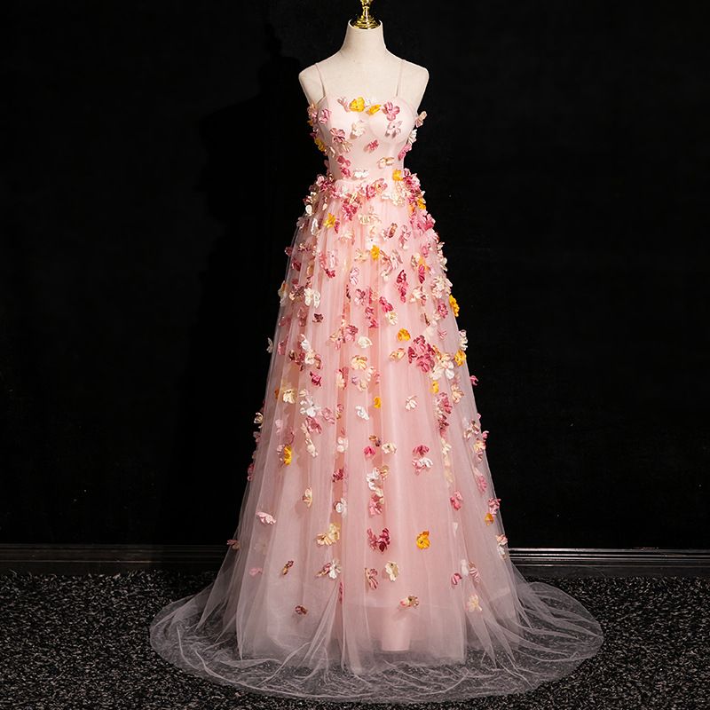 Neit Schleiflosen Oweskleed mat Hosenträger an engem rosa Blummen-Danzkleed_voghion.com