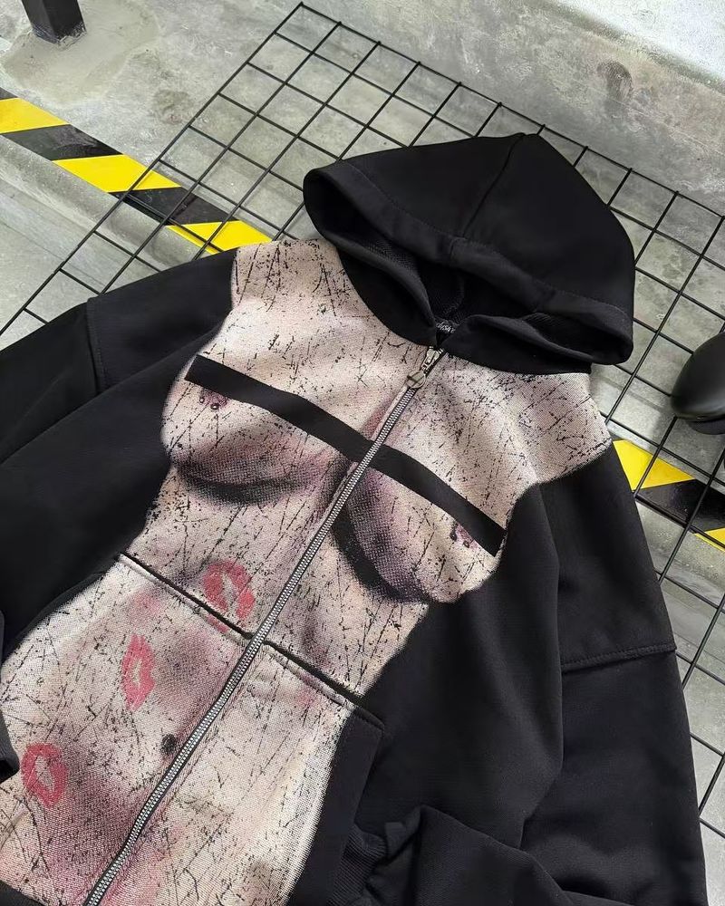 ​​"Trendy Anime Print Hooded Zip-Up Sweatshirt For Women - Soft Cotton Blend Pullover With Long Sleeves & Stylish Graphic Design"​​_voghion.com