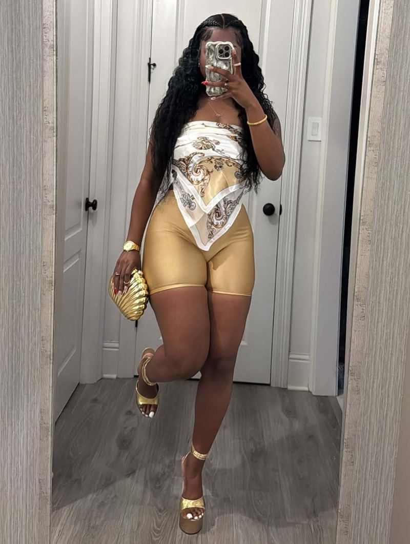 Sexy Crop Top & High-Waist Shorts Set – Streetwear-Outfit mit 3D-Print | Sommerparty-Outfit | Elastischer Milchseidenstoff (Blau/Gold)_voghion.com