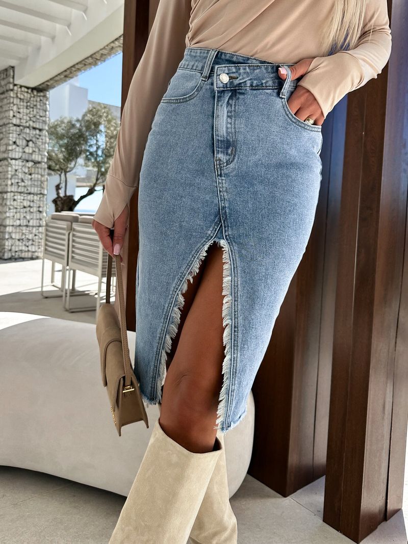 Women's Clothing spring and summer new fresh and sweet split fashion casual solid color denim hip skirt_voghion.com