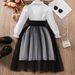 Kids’ Clothing Girls' Long Sleeved Lapel Waist Seamed Mesh Stitching Dress_voghion.com