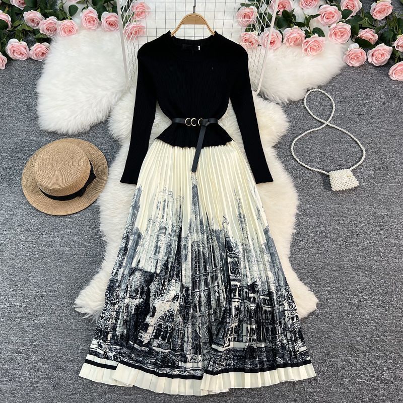 Hepburn-Stil, französisches Modekleid, Damen-Taille, schlanker, Tuschemalerei, bedruckt, Spleißen, gestrickt, plissiert, langer Rock_voghion.com