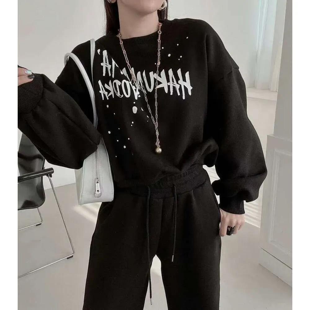 Ensemble deux pièces décontracté et tendance pour femme, printemps-automne, composé d'un sweat-shirt ample et d'un pantalon de jogging._voghion.com