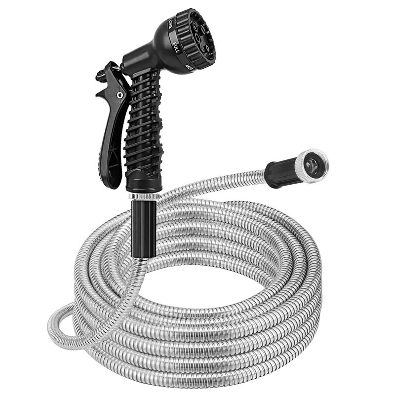25FT/50FT/100FT Heavy Duty Stainless Steel Garden Hose Garden Watering Kit Metal Water Hose with 2 Nozzles 12 Patterns Flexible Extendable Kink Tangle_voghion.com