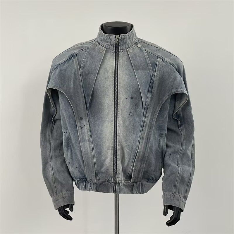 Herrenbekleidung Vintage Distressed Jeansjacke für Männer – Übergroßer Arbeitsmantel mit Stehkragen, Streetwear Fashion Faded Blue Bequem Stylisch_voghion.com