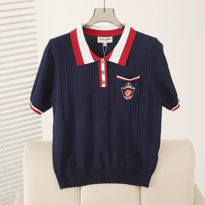 New Women's College Style Contrast Color Loose Casual Knit Sweater Short Sleeve T Shirt_voghion.com