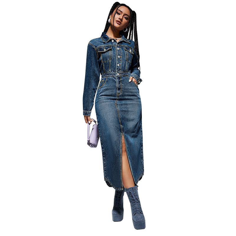 Roupas femininas lapela botão manga longa fenda novo vestido longo jeans_voghion.com