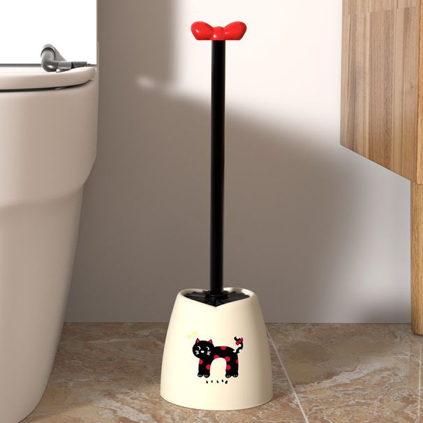 Lindo juego de escobilla de baño con forma de gato, con base, cabezal redondo de 360° y mango extensible para una limpieza profunda, divertida decoración para el baño (rosa/crema)_voghion.com