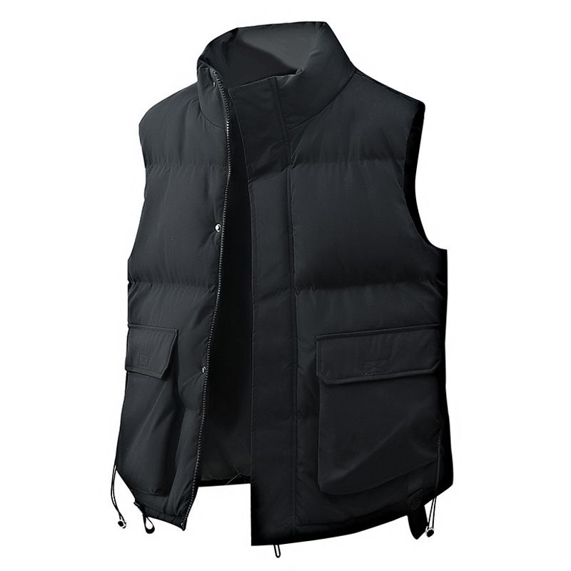 Unisex-Weste mit Stehkragen – Leichte, ärmellose Winter-Pufferjacke mit Reißverschluss und Kordelzug (M-4XL, Schwarz/Grau/Creme)_voghion.com